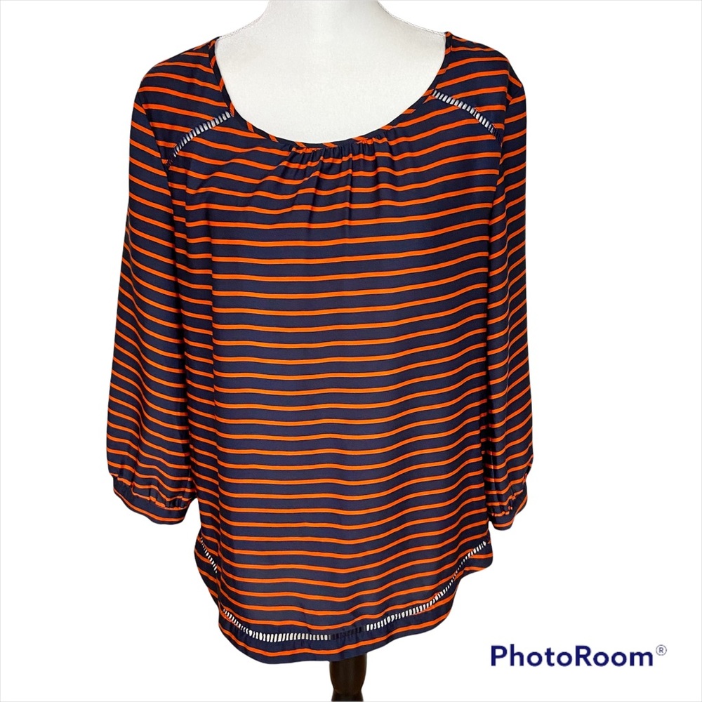 J Crew orange navy striped blouse ladder trim